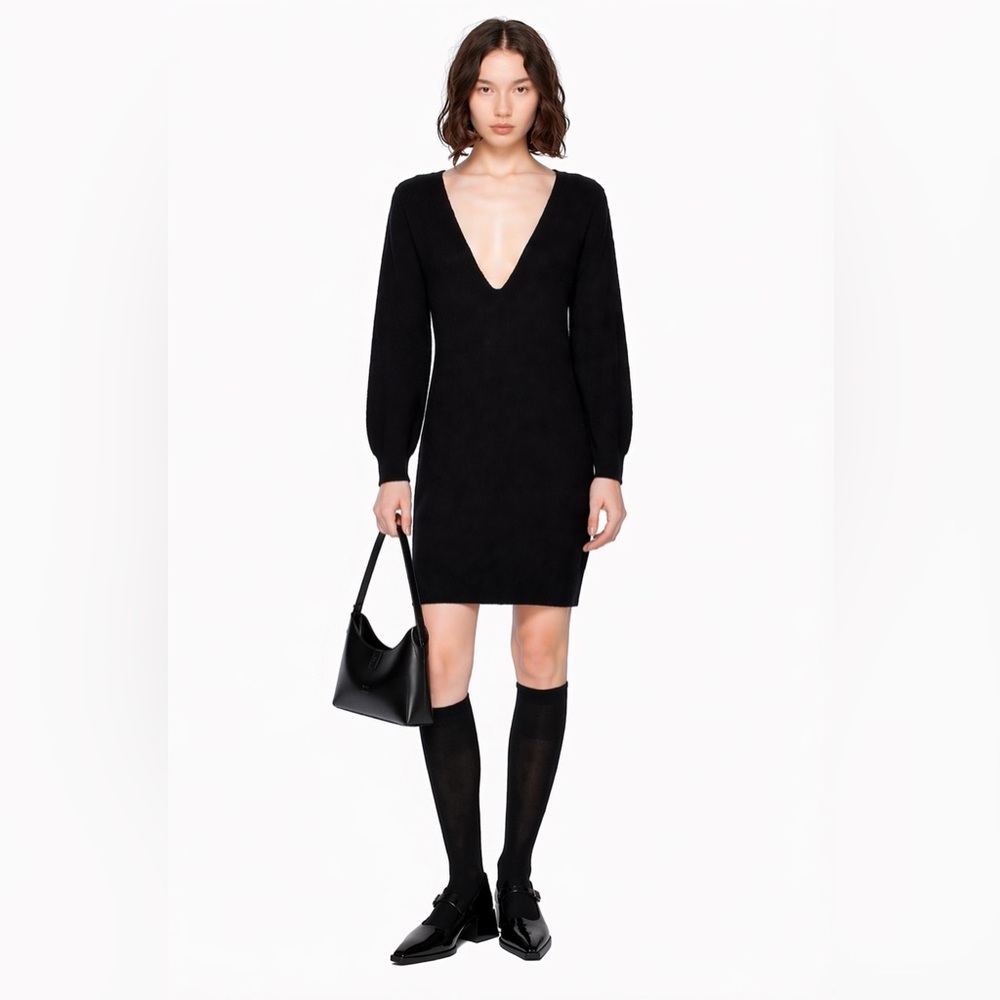 INWEAR -  Black Knit Sweater Dress Deep V-Neck Minimalist Scandinavian Style